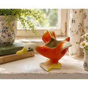 Vintage Japan Duck Planter Toothpick Holder Orange White Ceramic MCM Kitsch Mini